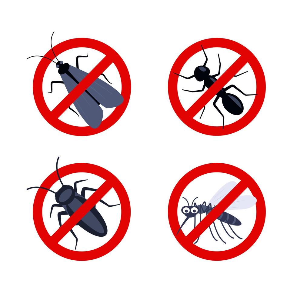 fermare insetti. scarafaggio, zanzara, formica, falena sagome. avvertimento Proibito cartello, anti insetto vettore icone.