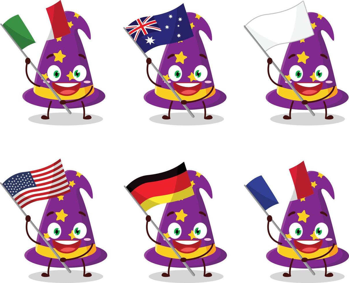 procedura guidata cappello cartone animato personaggio portare il bandiere di vario paesi vettore
