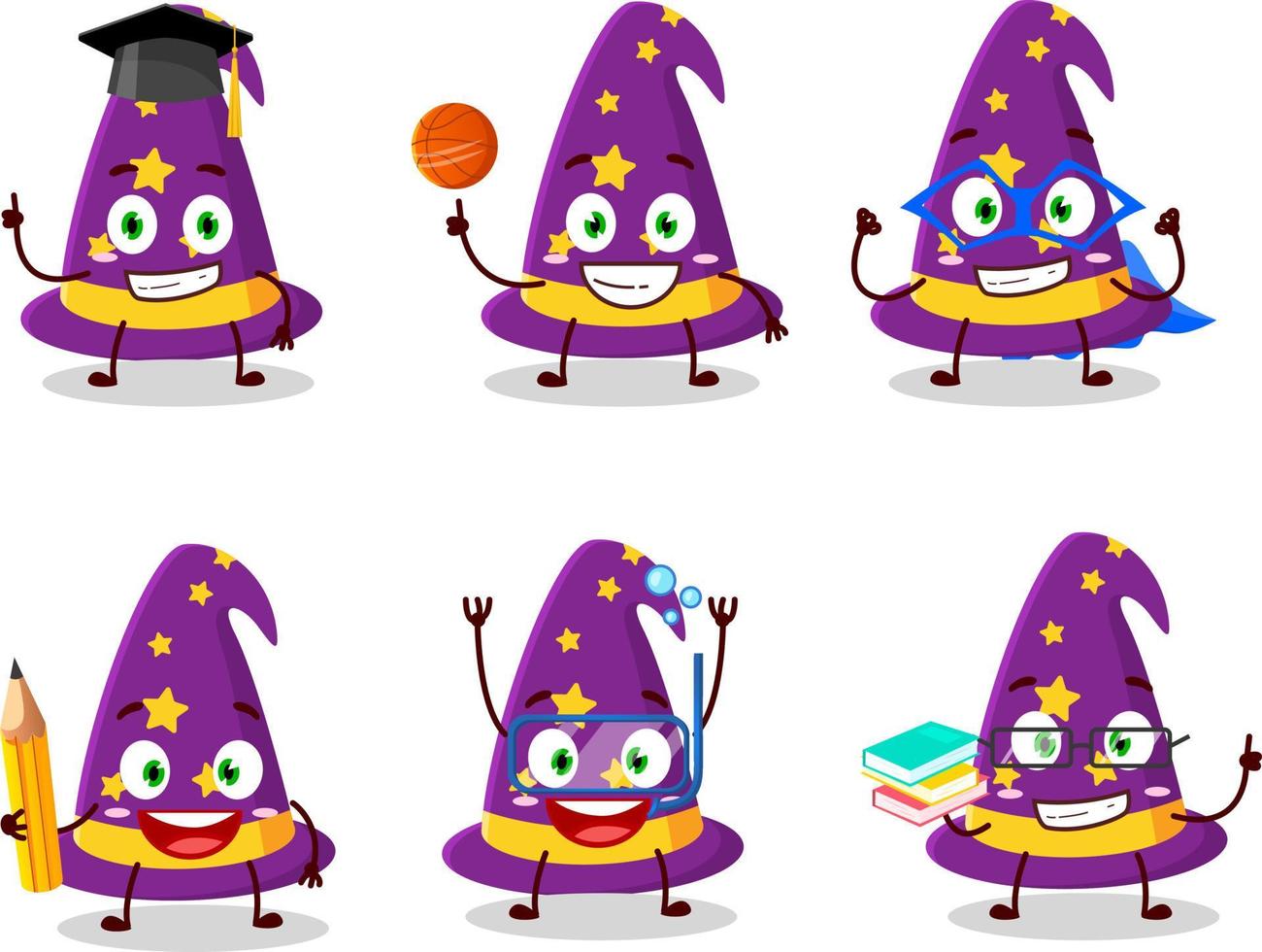 scuola alunno di procedura guidata cappello cartone animato personaggio con vario espressioni vettore