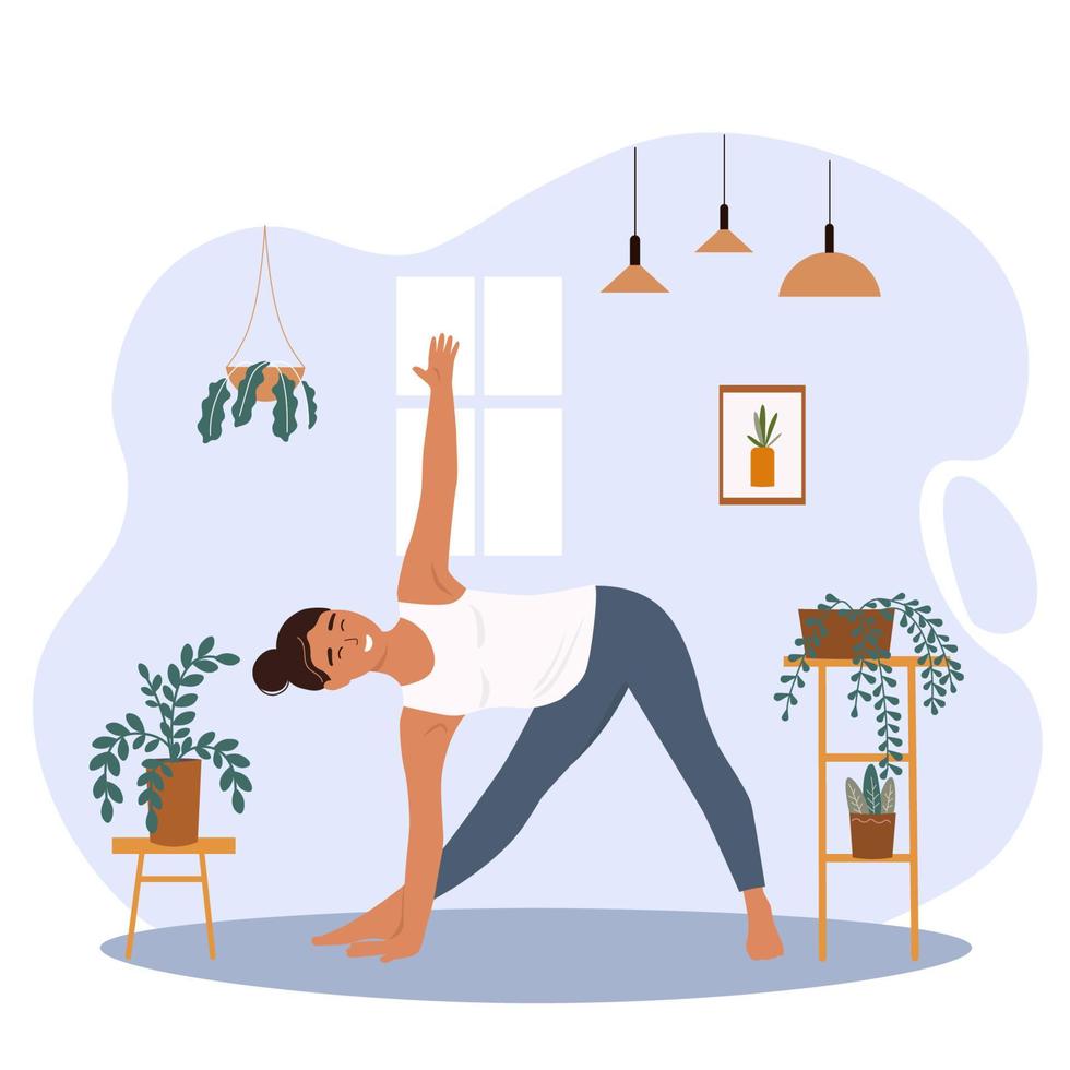 un' donna fa yoga a casa nel un' stanza, conserva equilibrio. esercizi per meditazione, Salute, allungamento. vettore piatto grafica.