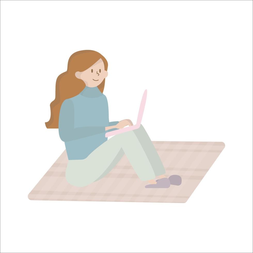 cartone animato giovane donna calma computer operativo da casa sul pavimento vettore