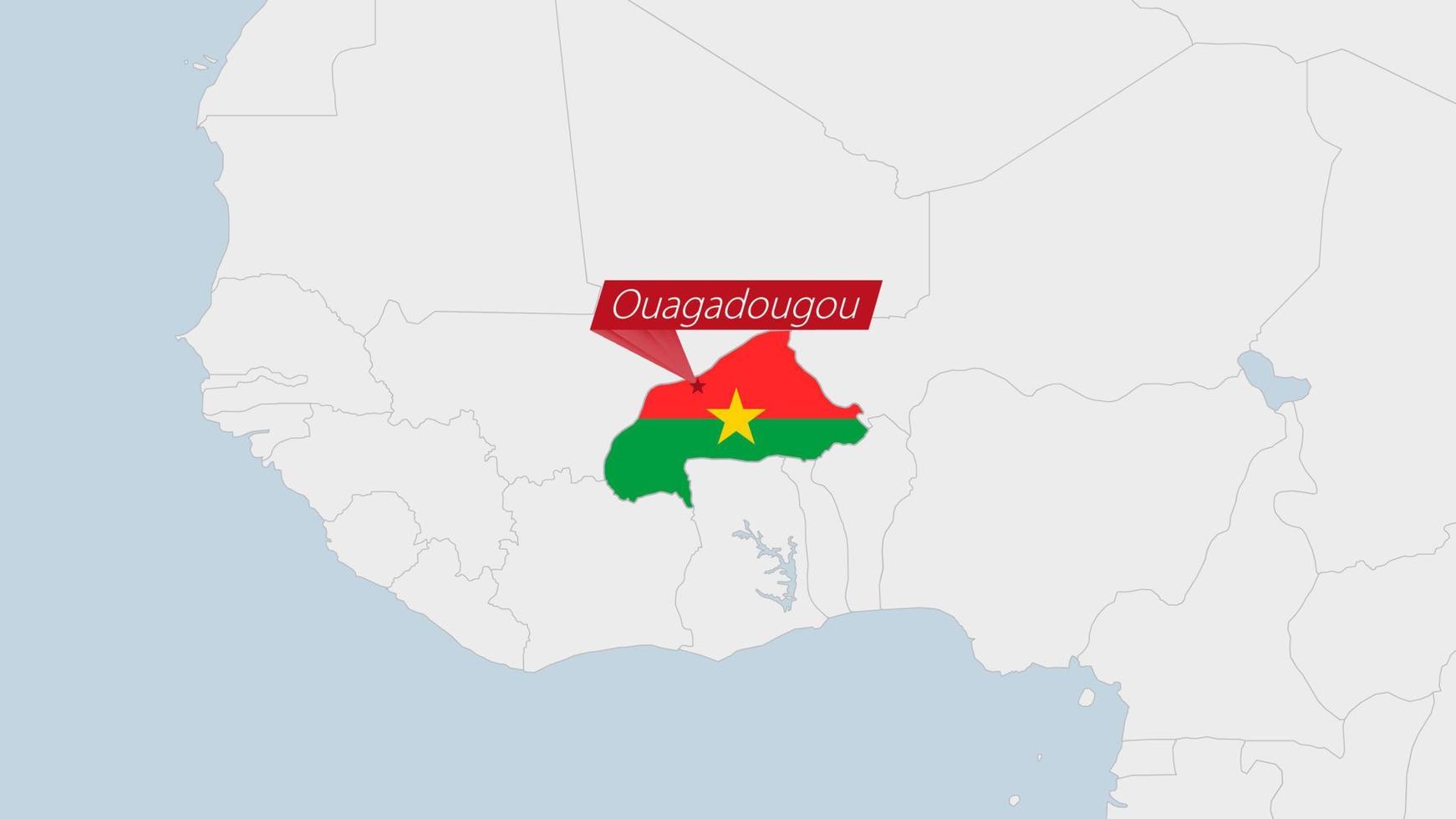 burkina faso carta geografica evidenziato nel burkina faso bandiera colori e perno di nazione capitale ouagadougou. vettore