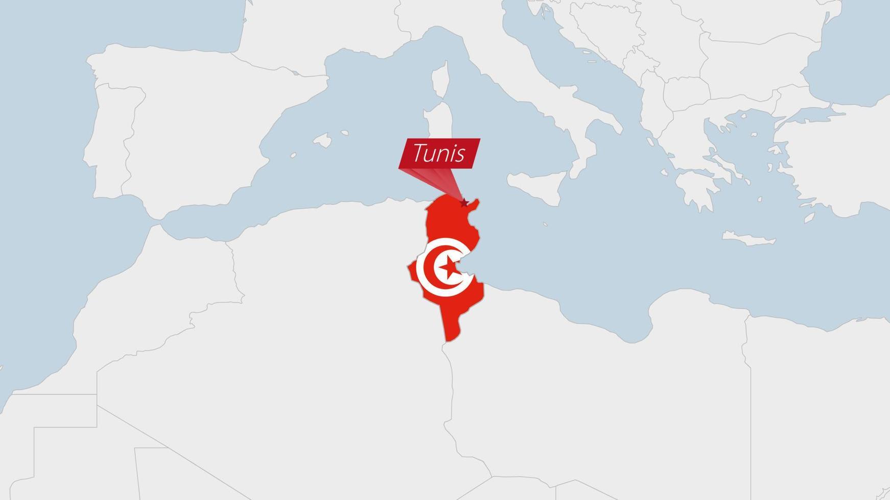 tunisia carta geografica evidenziato nel tunisia bandiera colori e perno di nazione capitale tunisi. vettore