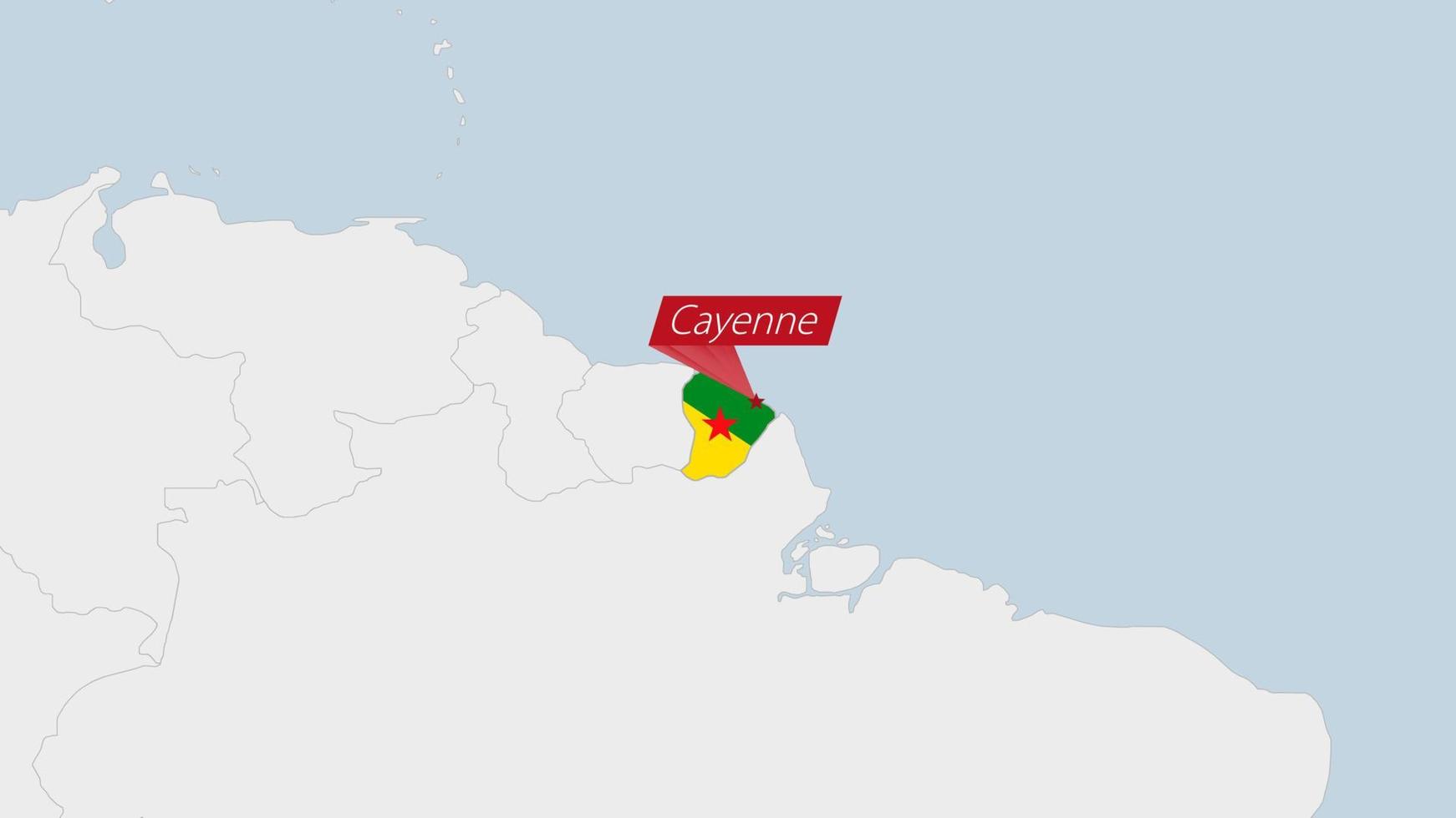 francese Guiana carta geografica evidenziato nel francese Guiana bandiera colori e perno di nazione capitale peperoncino di Cayenna. vettore