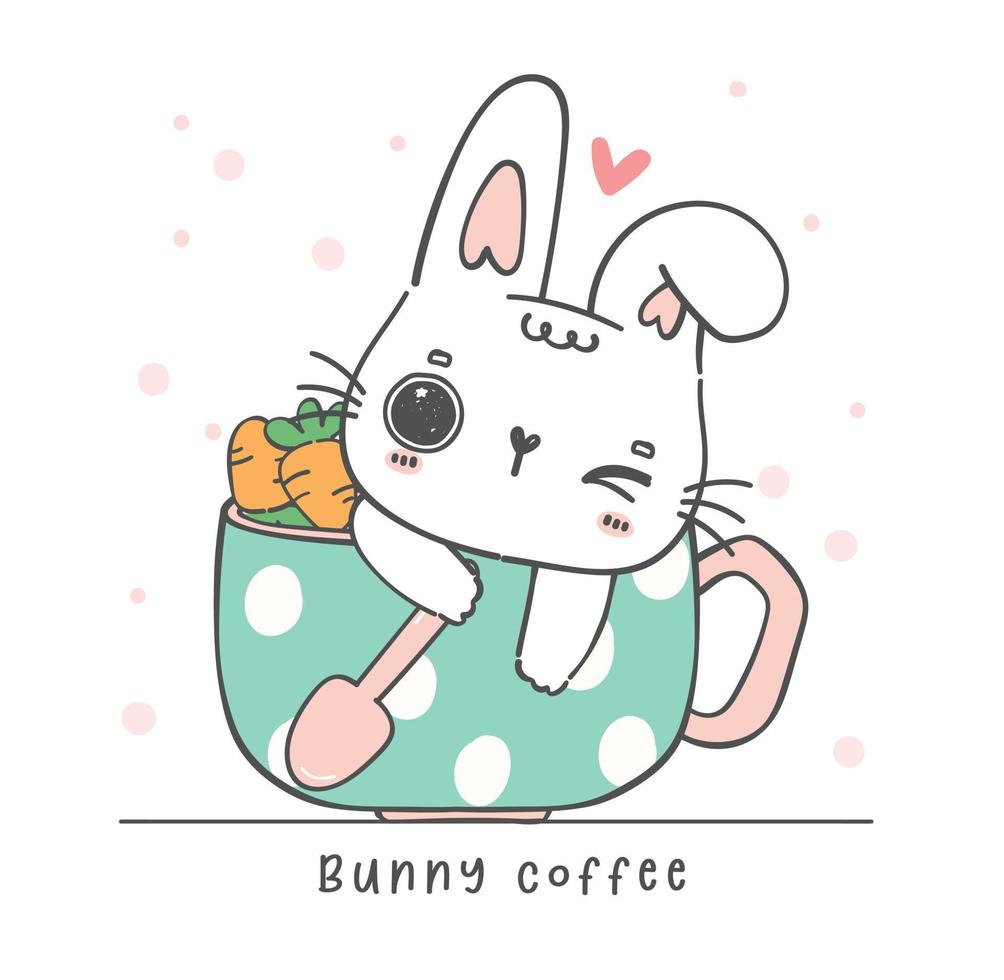 carino kawaii bianca coniglietto coniglio nel caffè tazza, coniglietto caffè, carino cartone animato personaggio animale mano disegno scarabocchio vettore