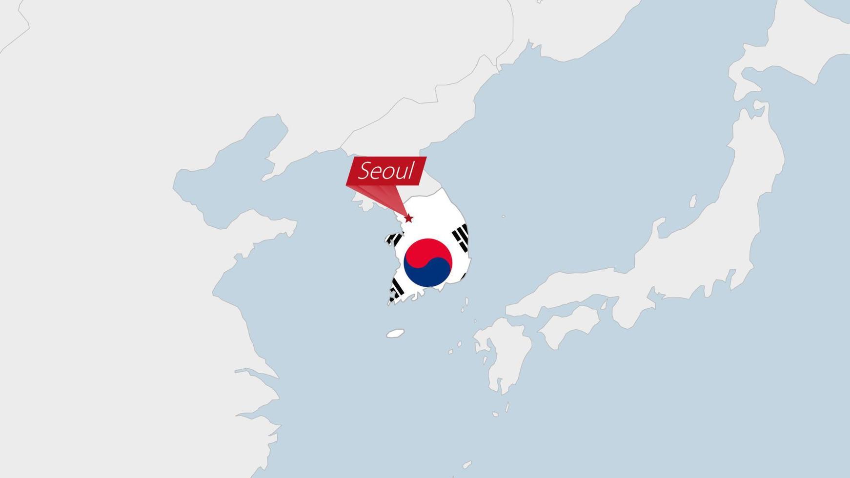 Sud Corea carta geografica evidenziato nel Sud Corea bandiera colori e perno di nazione capitale seul. vettore
