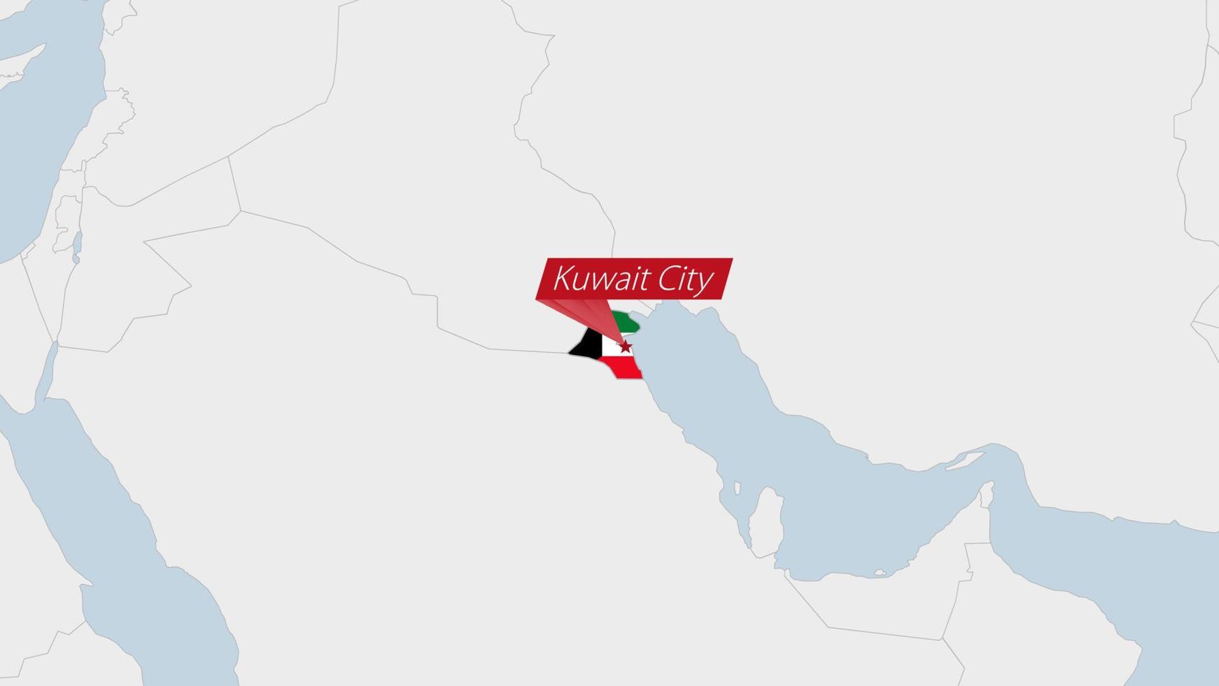 Kuwait carta geografica evidenziato nel Kuwait bandiera colori e perno di nazione capitale Kuwait città. vettore