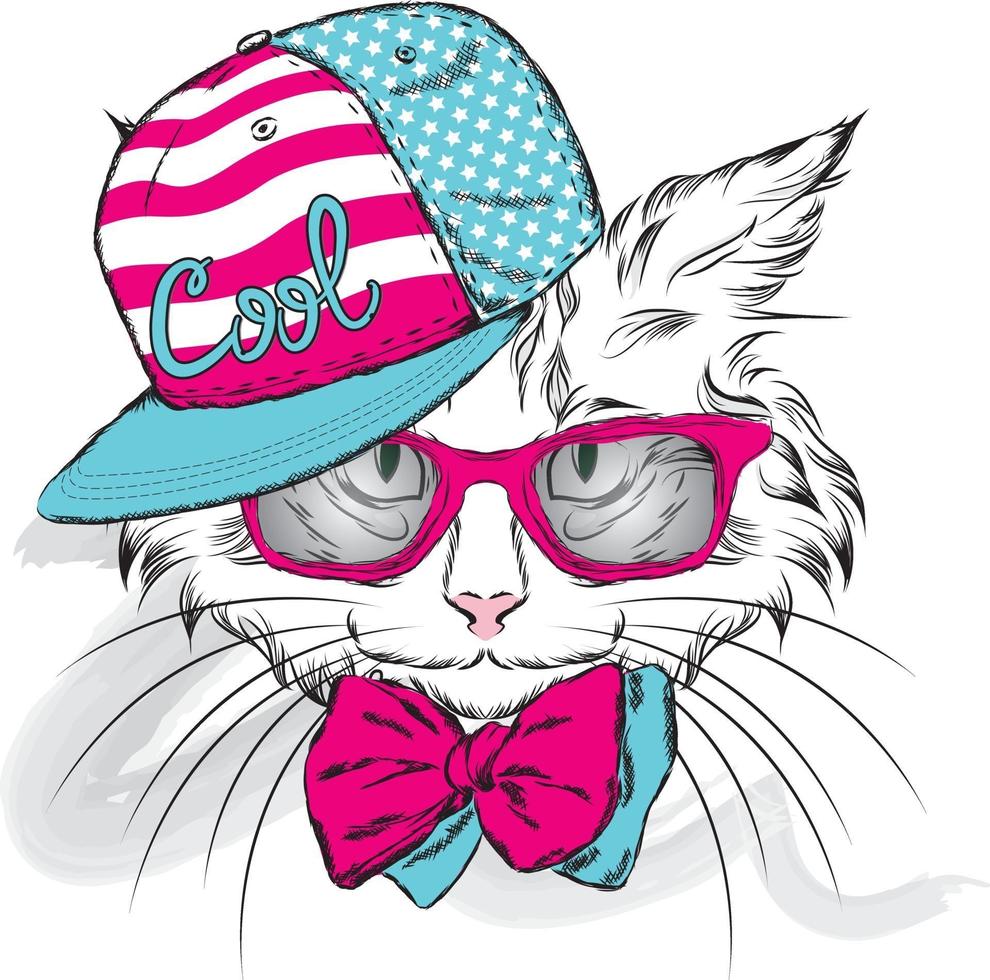 gatto hipster con occhiali e berretto vettore