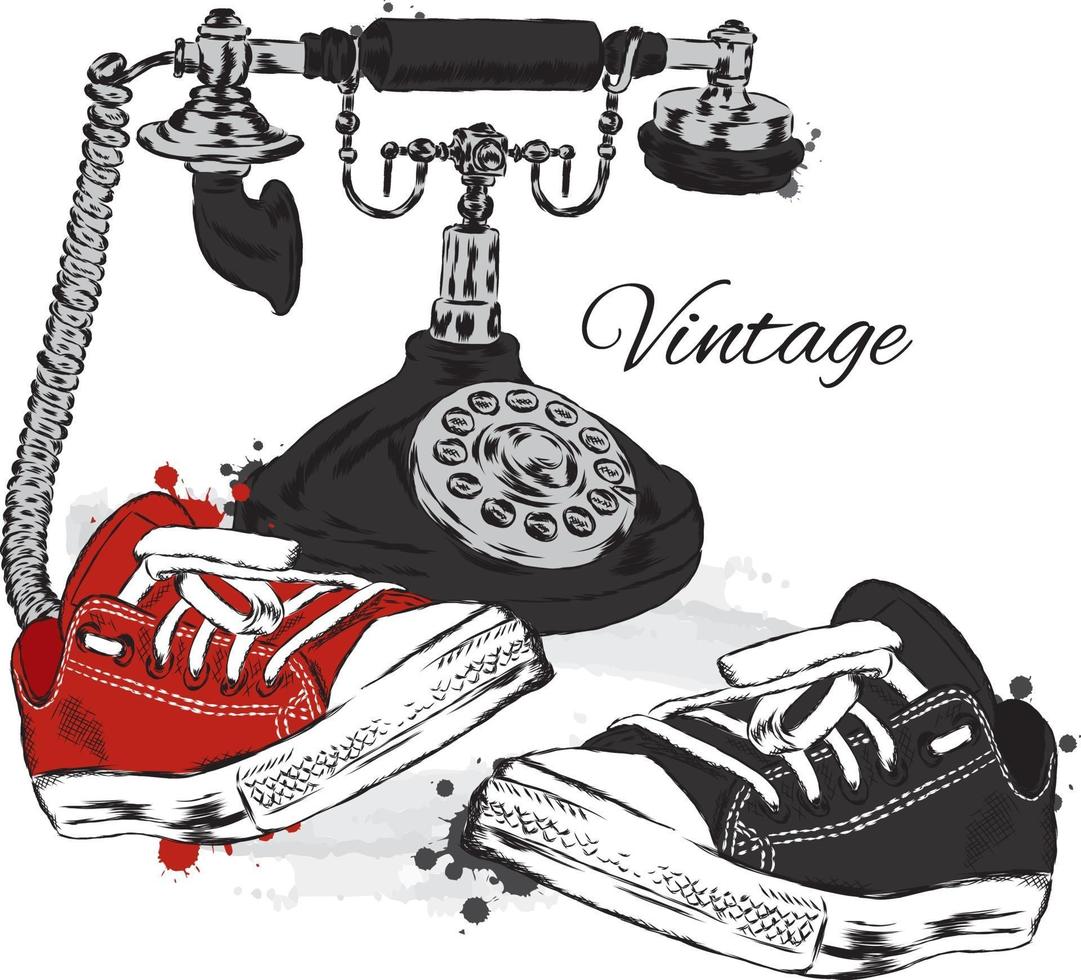 telefono vintage e scarpe da ginnastica. illustrazione hipster. vettore