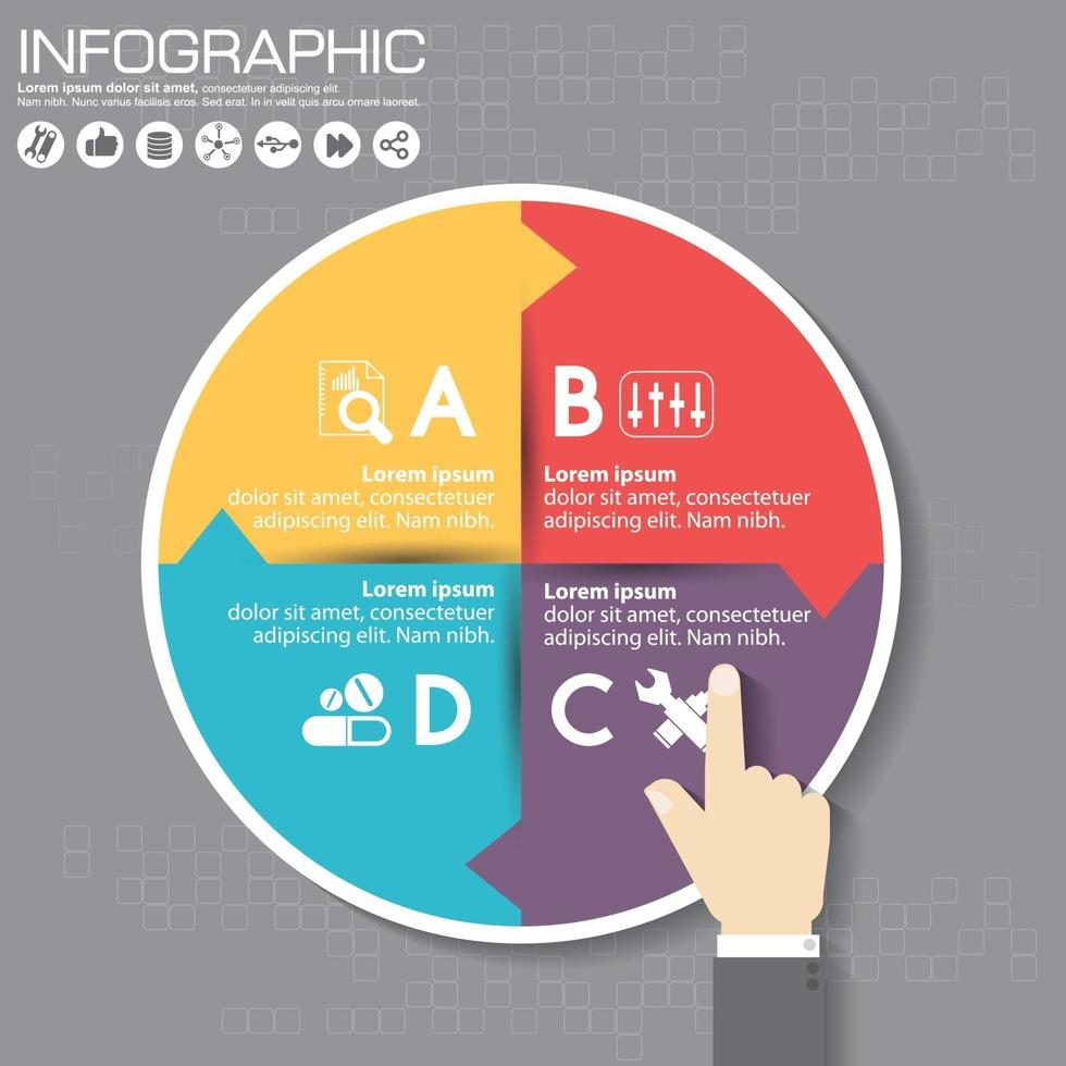 modello di progettazione infografica e concetto di business con 4 opzioni, parti, passaggi o processi. può essere utilizzato per layout del flusso di lavoro, diagramma, opzioni di numero, web design. vettore