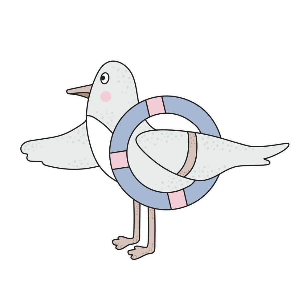 l'uccello è un gabbiano con un salvagente marino. vettore. disegno a mano, schizzo a colori. vettore