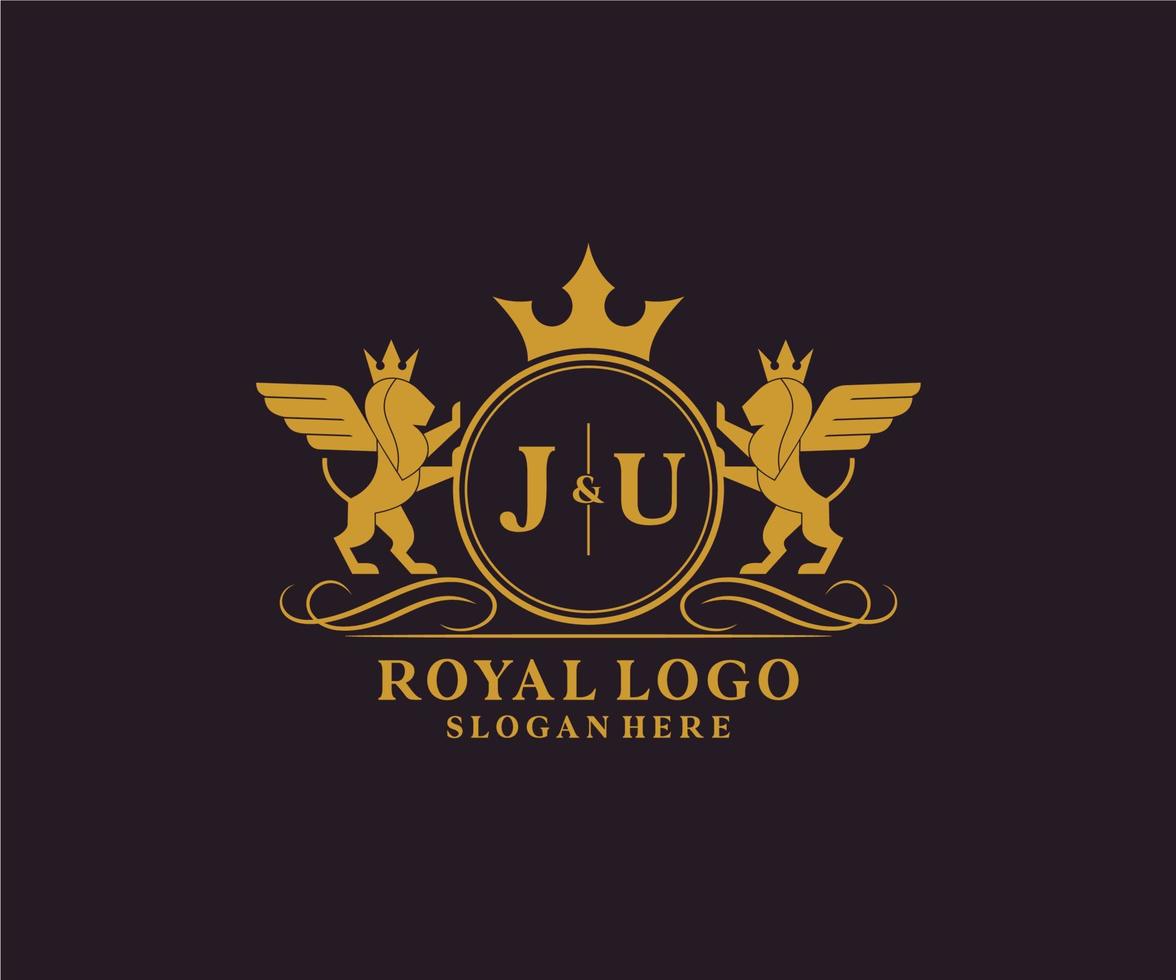 iniziale ju lettera Leone reale lusso stemma araldico logo modello nel vettore arte per ristorante, regalità, boutique, bar, Hotel, araldico, gioielleria, moda e altro vettore illustrazione.