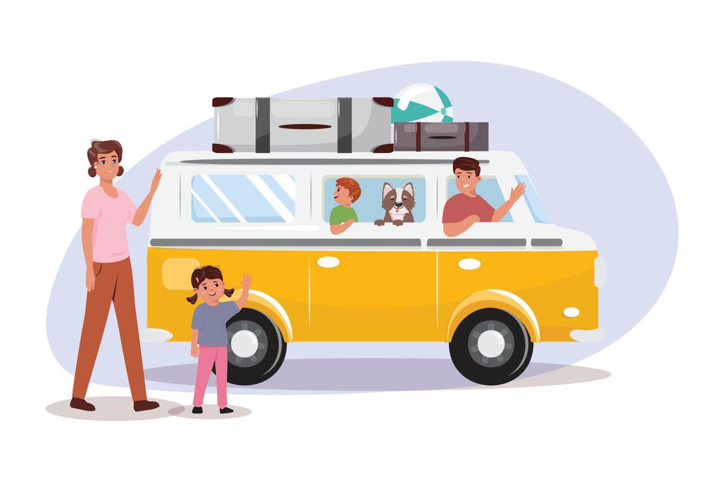 giovane famiglia con Due bambini e un' cane andando per un' strada viaggio di giallo mini furgone. vettore