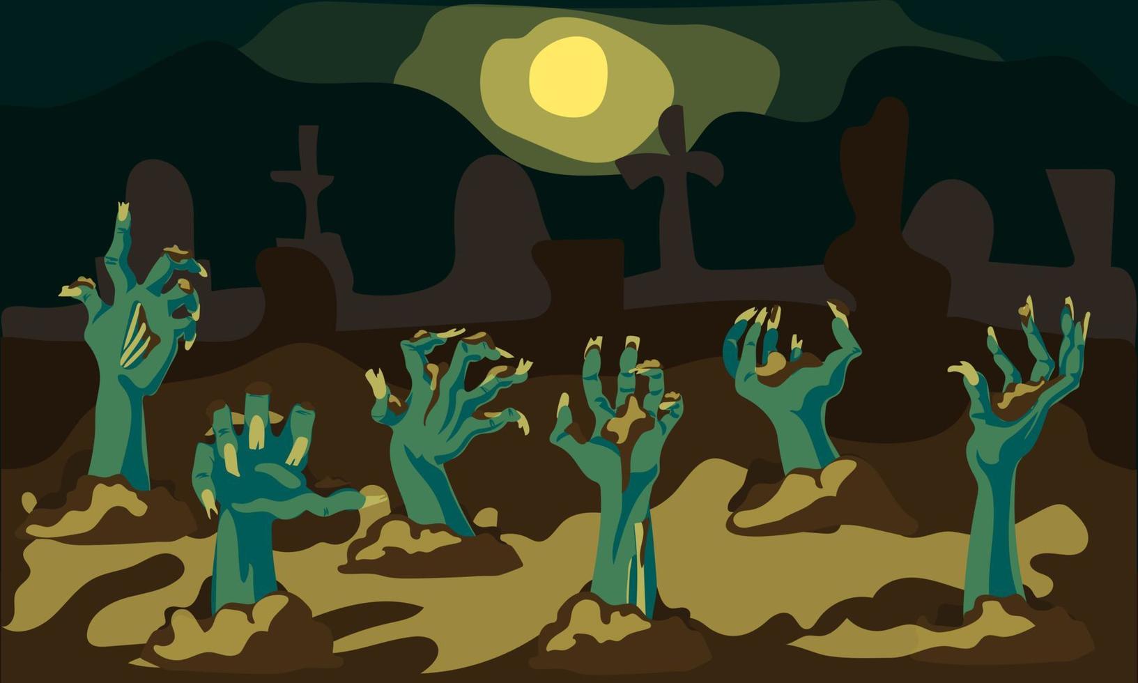 Halloween sfondo con zombie mani In arrivo su di il terra nel il cimitero. mani a partire dal il terra contro il sfondo di il cimitero e il splendente Luna. striscione, aviatore per il festa vettore