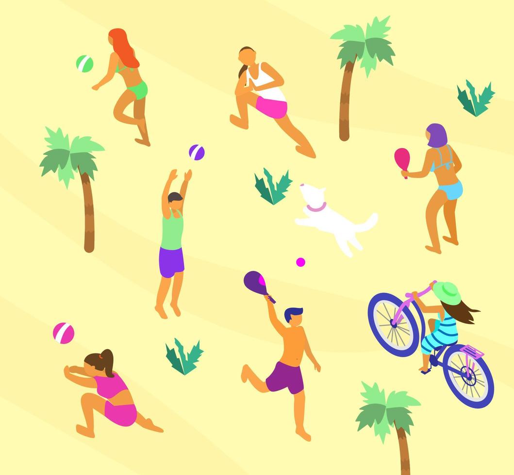 isometrico spiaggia scena con molte di diverso persone fare estate gli sport. estate all'aperto attività. spiaggia tiro al volo, yoga su il spiaggia, razzo sfera, bicicletta giro. vettore illustrazione