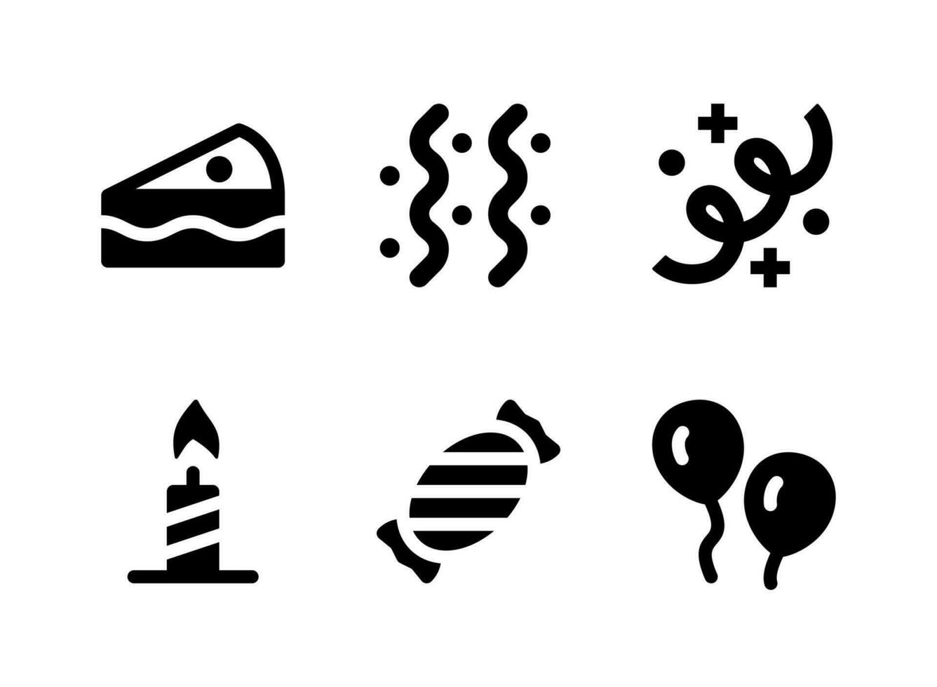 semplice set di icone solide vettoriali relative al compleanno. contiene icone come stelle filanti, candele, caramelle, palloncini e altro ancora.