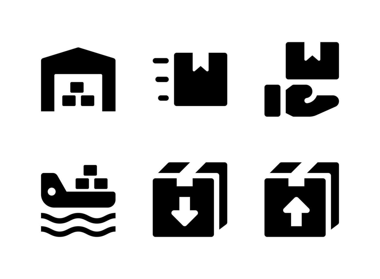 semplice set di icone solide vettoriali relative alla logistica. contiene icone come magazzino, ricezione, nave da carico, scatola e altro.
