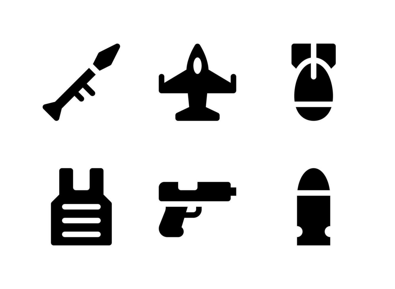 semplice set di icone solide vettoriali relative militari. contiene icone come bomba, kevlar, pistola, proiettile e altro ancora.