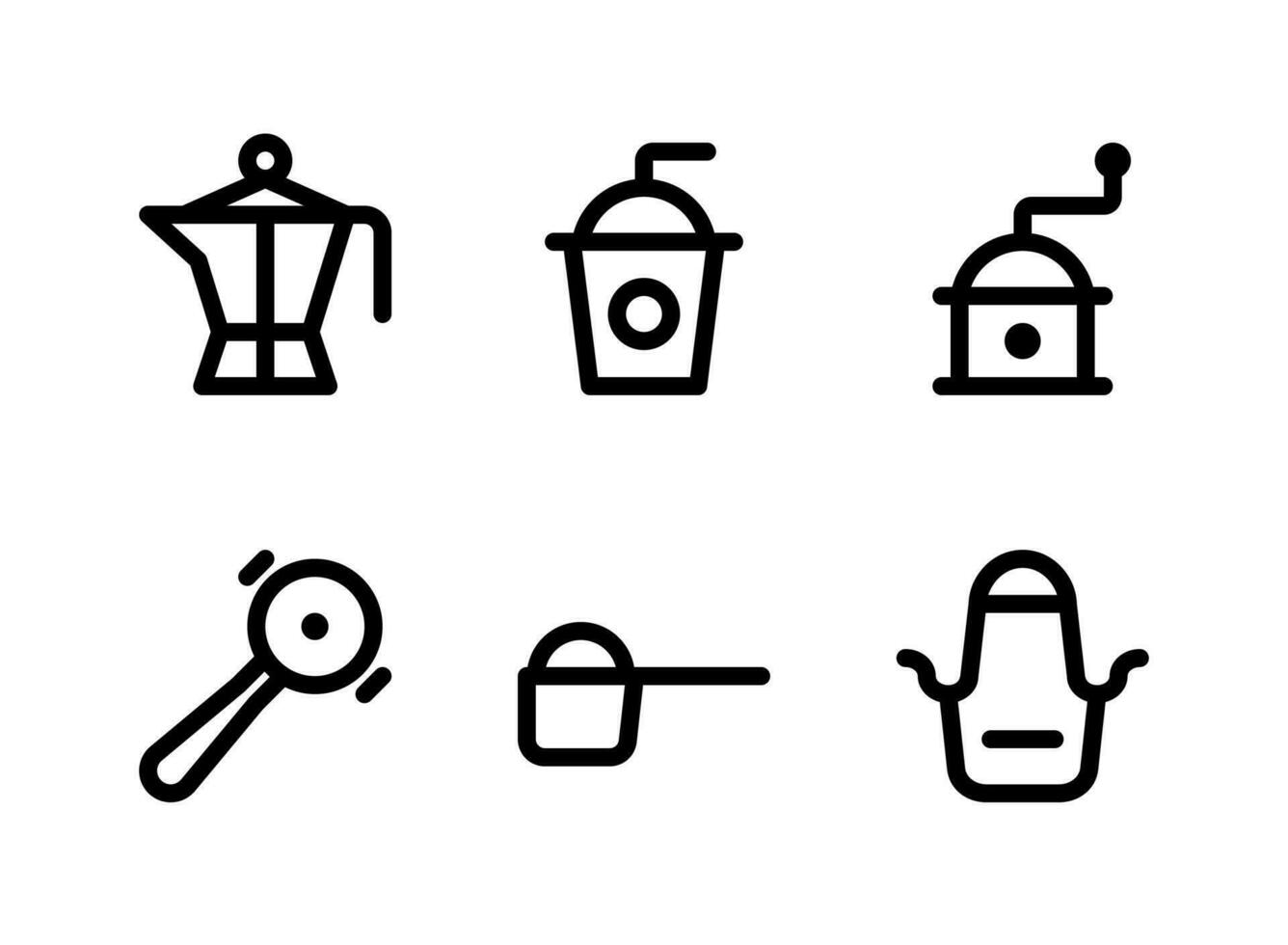 semplice set di icone di linea del vettore relative alla caffetteria. contiene icone come pentola, caffè freddo, macinacaffè, cucchiaio di zucchero e altro ancora.