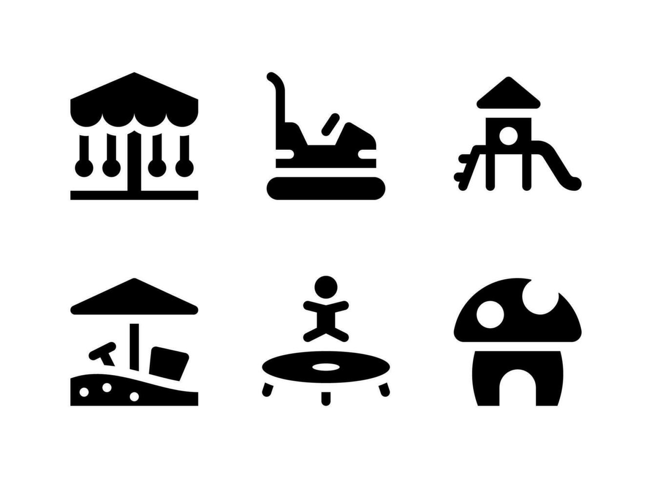 semplice set di icone solide vettoriali relative al parco giochi. contiene icone come scivolo, sandbox, trampolino, funghi e altro ancora.
