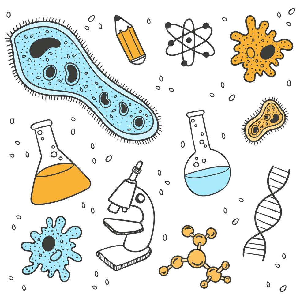 disegno di vario scientifico elementi Compreso microscopio, borraccia, atomo, cellula, molecole. vettore