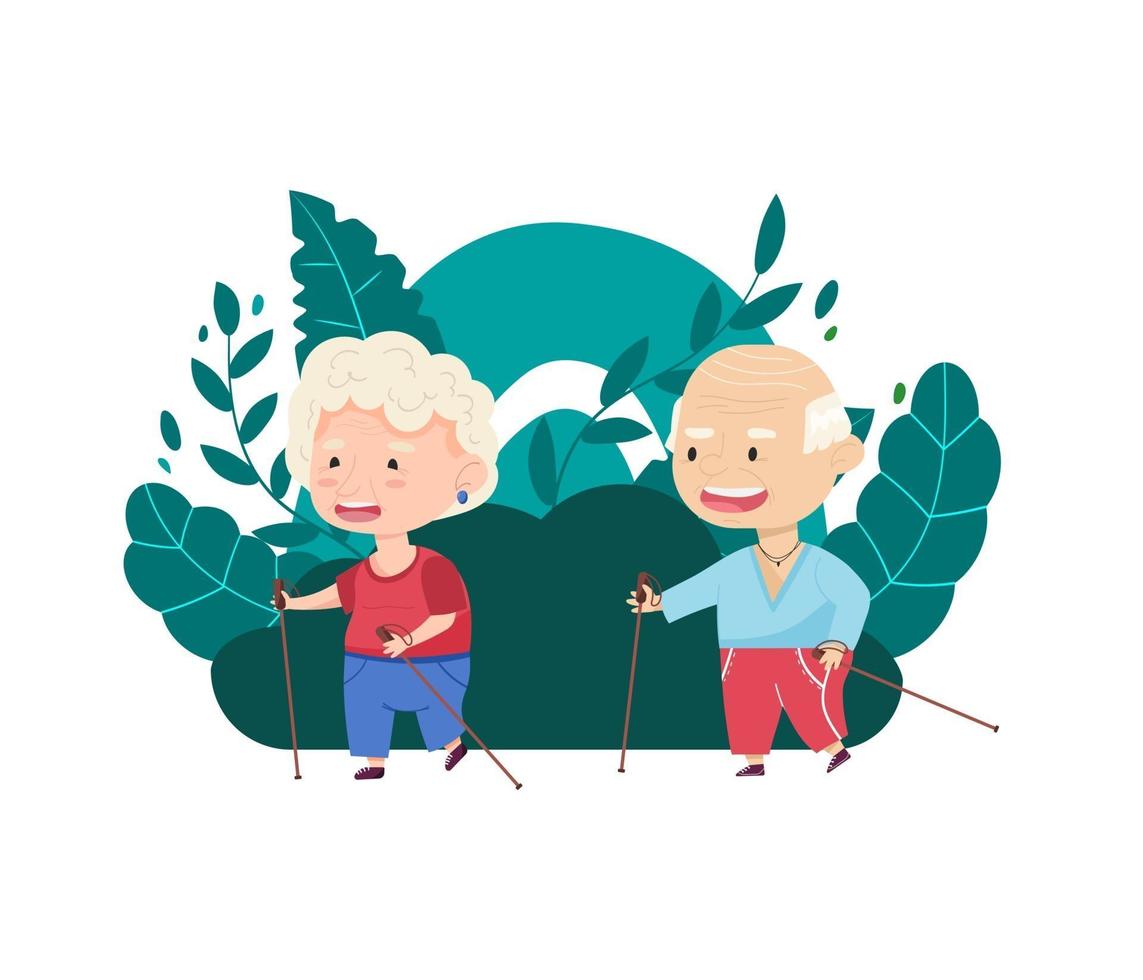 nonna e nonno di sport camminano con i bastoni nella natura. nonni. illustrazione vettoriale in stile cartone animato