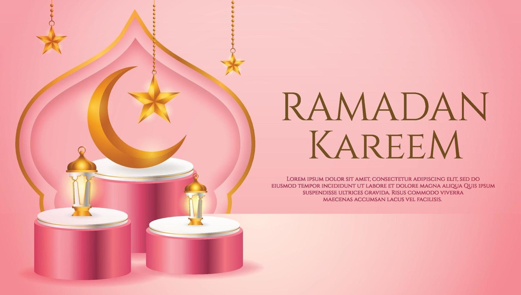 Esposizione del prodotto 3d islamico a tema podio rosa e bianco con falce di luna, lanterna e stella per il ramadan vettore