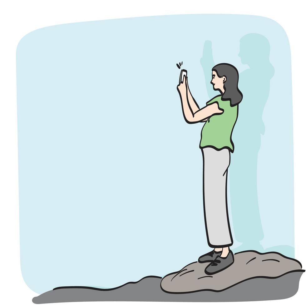 linea arte donna in piedi su il roccia e utilizzando smartphone illustrazione vettore mano disegnato isolato su bianca sfondo