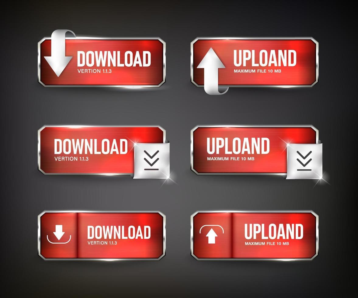 pulsanti web download in acciaio rosso su sfondo nero vettore