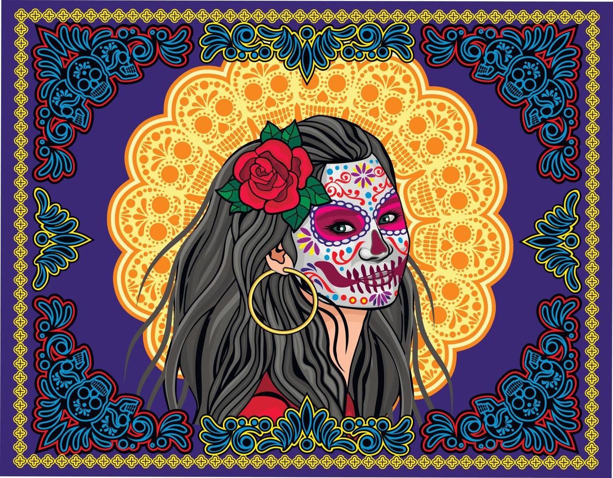 messicano zucchero cranio, ragazza con cranio trucco, Vintage ▾ design t camicie vettore