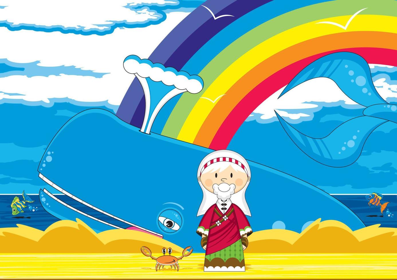 jonah e il balena con tropicale pesce e carino Granchio - biblico illustrazione vettore