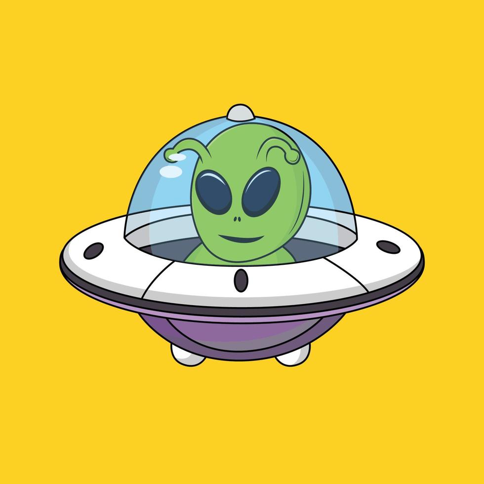 carino pilota alieno equitazione navicella spaziale cartone animato etichetta vettore illustrazione
