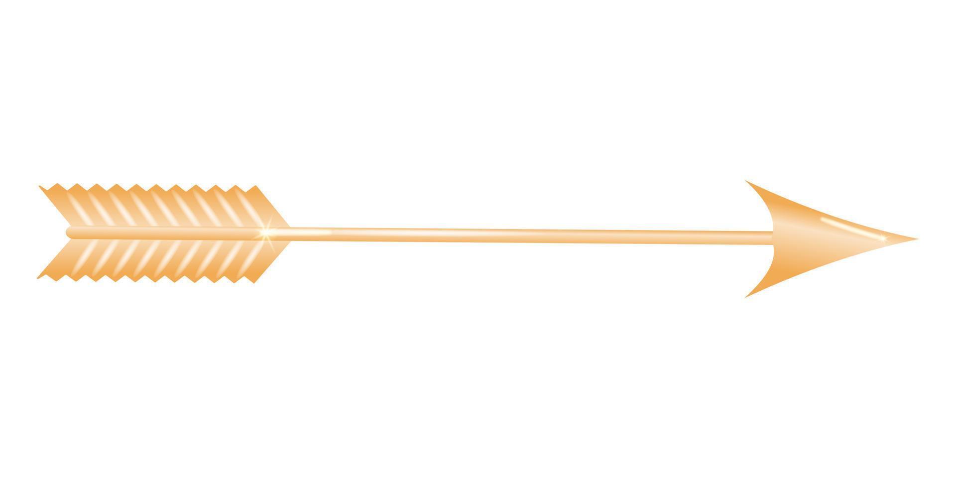d'oro freccia 3d. albero affilato a il davanti e con piume o alette a il Indietro, tiro a partire dal un' arco come un' arma o per sport. vettore illustrazione.