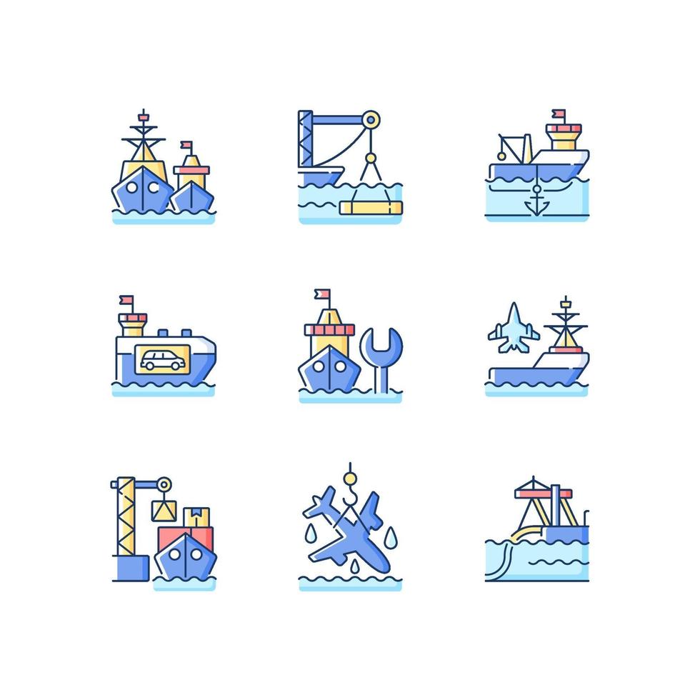set di icone di colore rgb industria marittima vettore