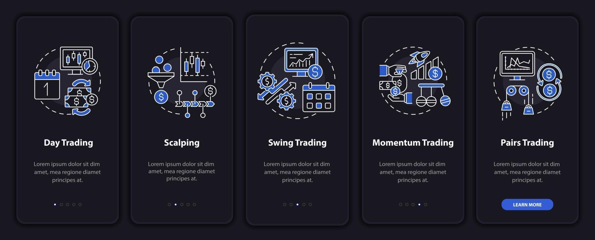 stili di trading onboarding schermata della pagina dell'app mobile con concetti vettore