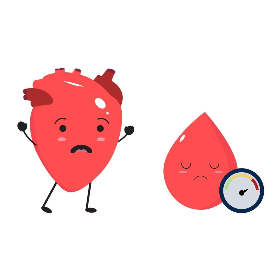 cuore e sangue kawaii. ipertensione e concetto di salute del cuore. vettore