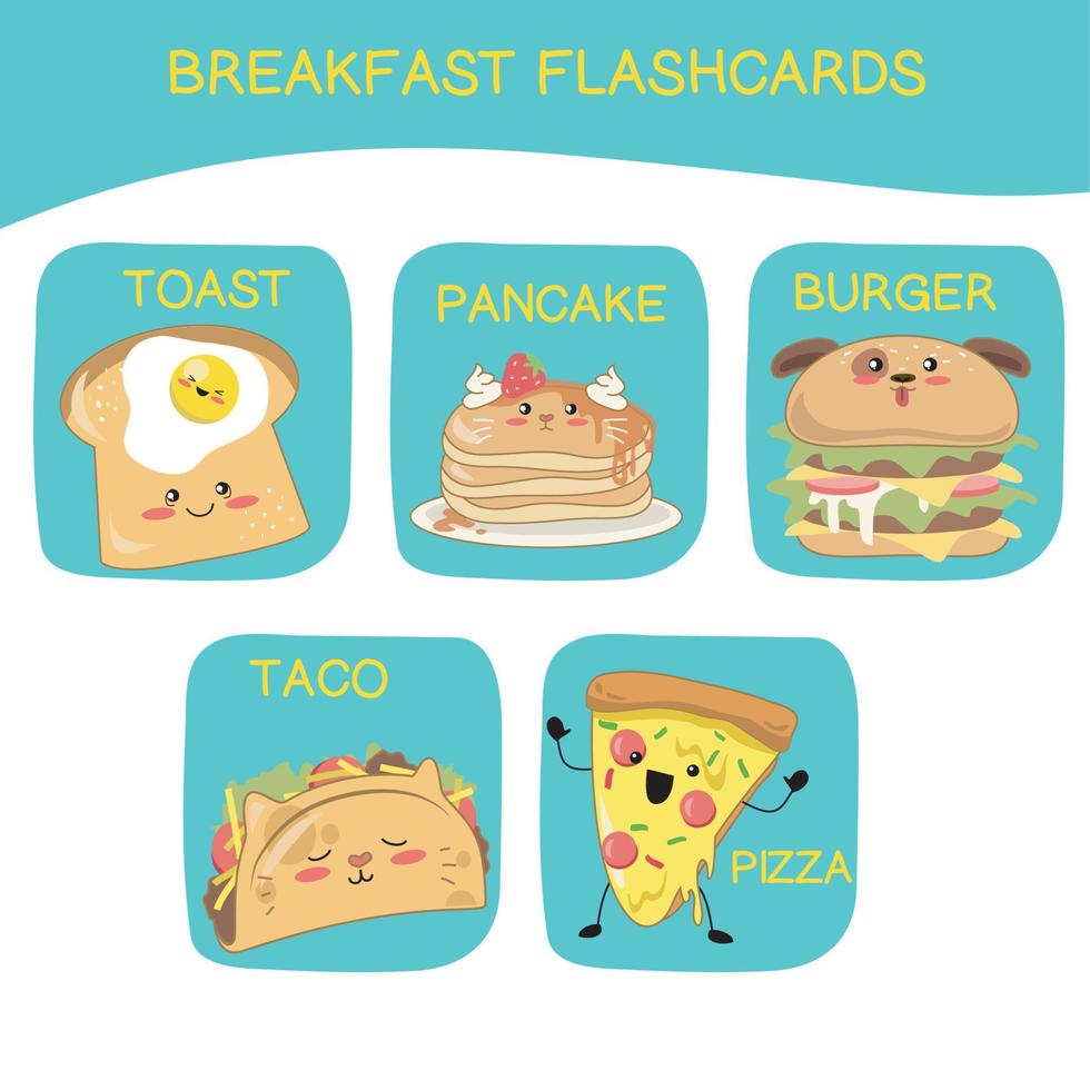 28 impostato di carino prima colazione flashcard vettore. kawaii sorridente cibo. carino vettore impostare. vario gustoso cibo con facce. disegnato a mano vettore impostare. flashcard per prescolastico bambini.