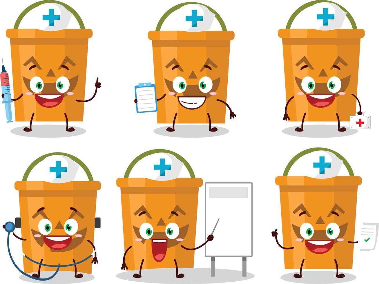 medico professione emoticon con Halloween secchio cartone animato personaggio vettore