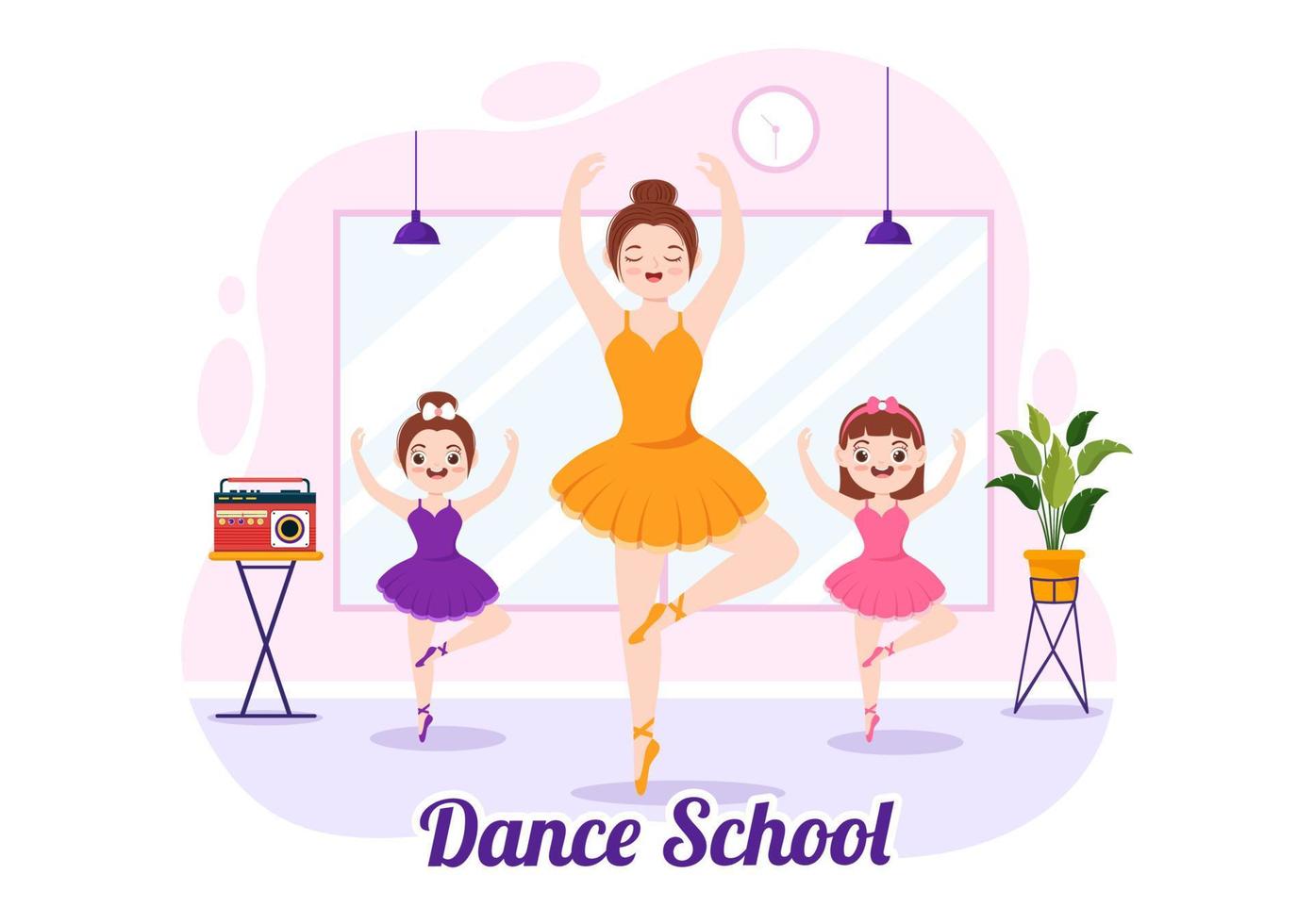 danza scuola illustrazione di bambini danza o coreografia con musica attrezzatura nel studio nel piatto cartone animato mano disegnato atterraggio pagina modelli vettore