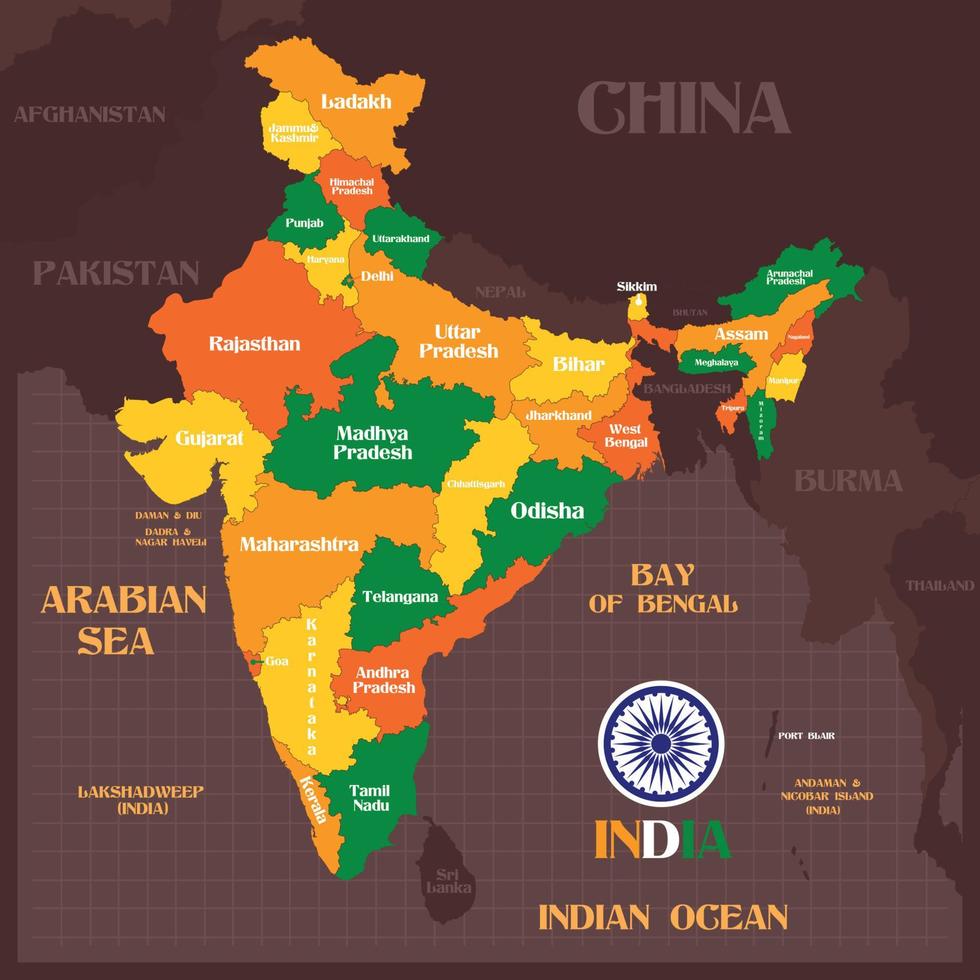 dettagliato India carta geografica con circostante frontiere vettore