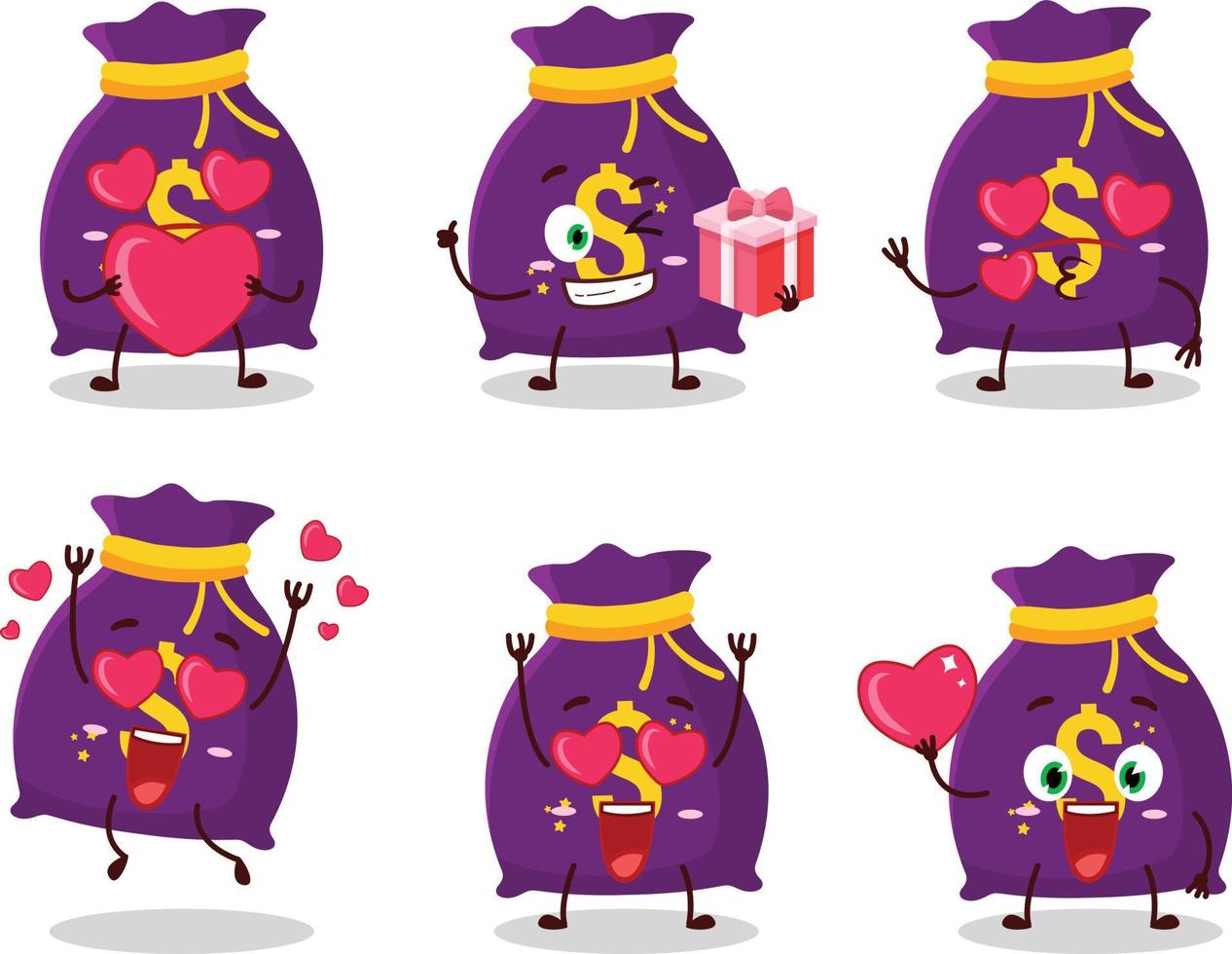 Magia i soldi sacco cartone animato personaggio con amore carino emoticon vettore