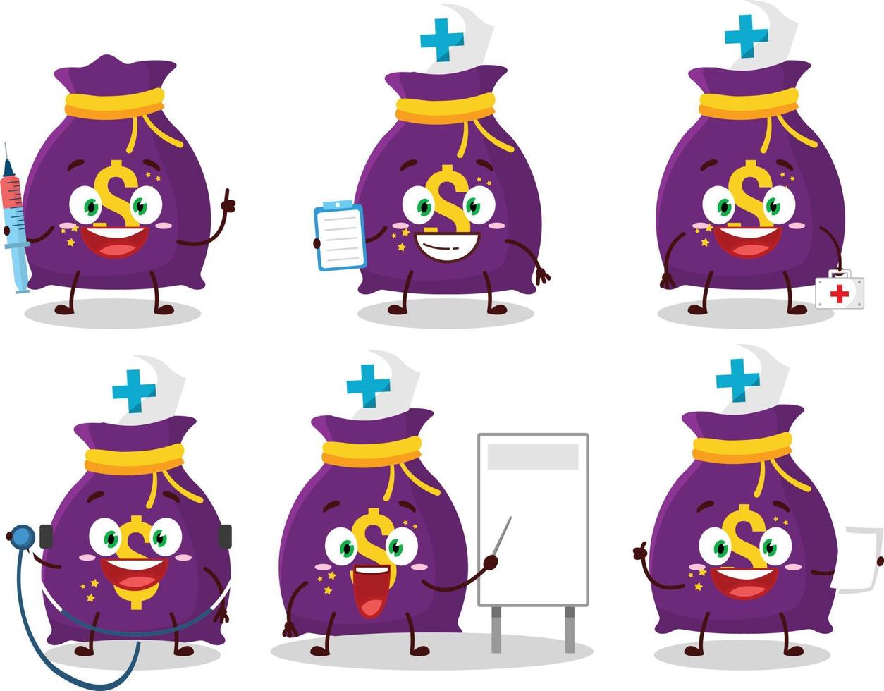 medico professione emoticon con Magia i soldi sacco cartone animato personaggio vettore