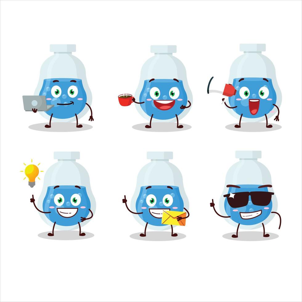 blu pozione cartone animato personaggio con vario tipi di attività commerciale emoticon vettore