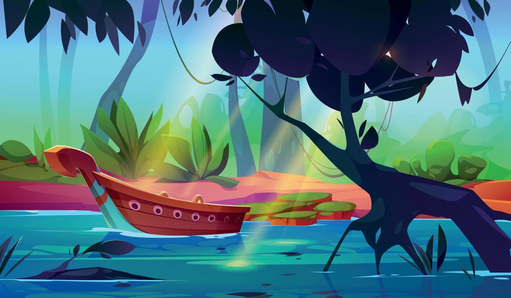 giungla foresta paesaggio con fiume e barca vettore