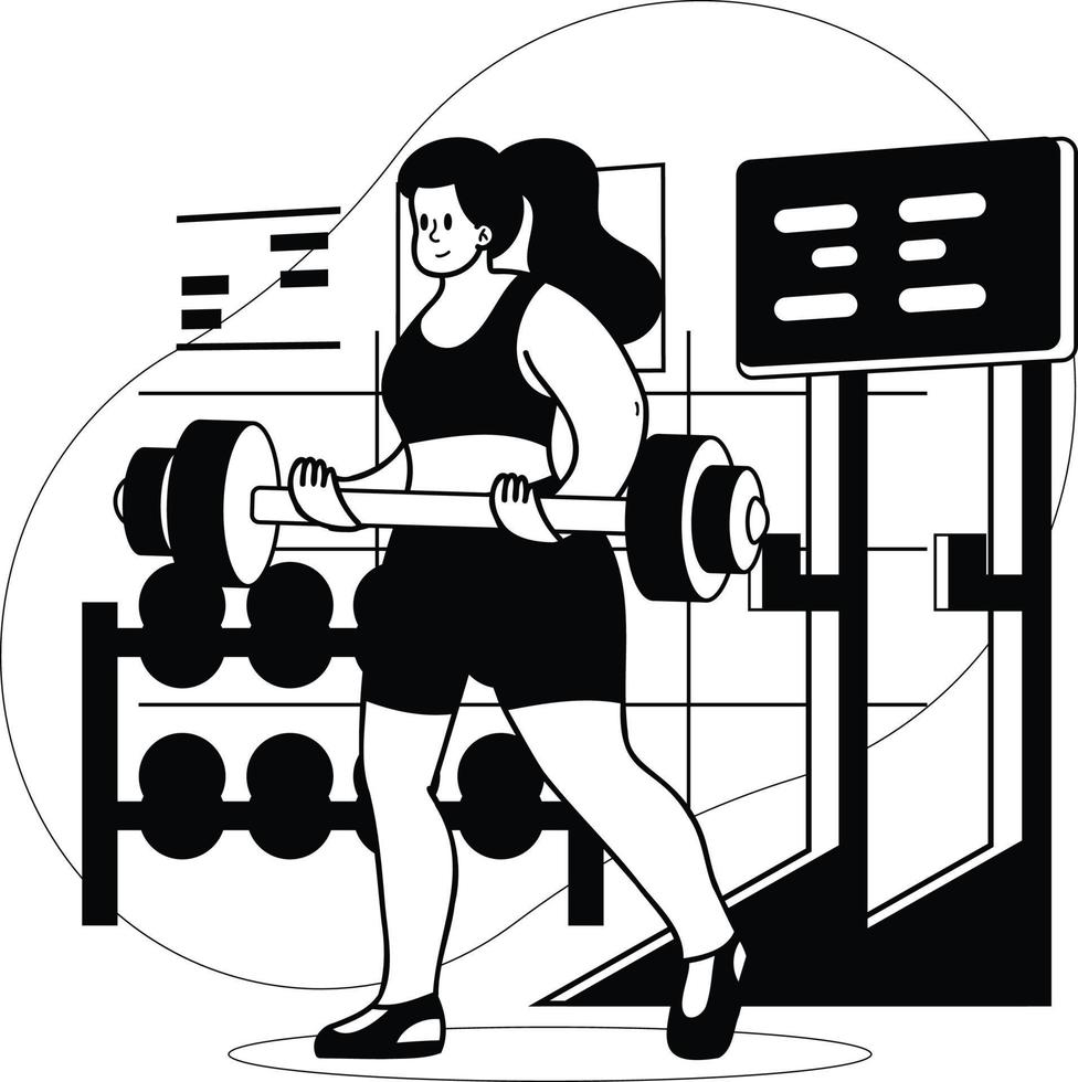 salutare fitness ragazza sollevamento pesi nel Palestra illustrazione nel scarabocchio stile vettore