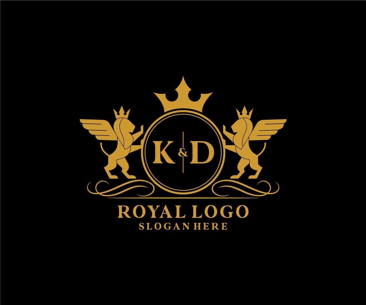 iniziale kd lettera Leone reale lusso stemma araldico logo modello nel vettore arte per ristorante, regalità, boutique, bar, Hotel, araldico, gioielleria, moda e altro vettore illustrazione.