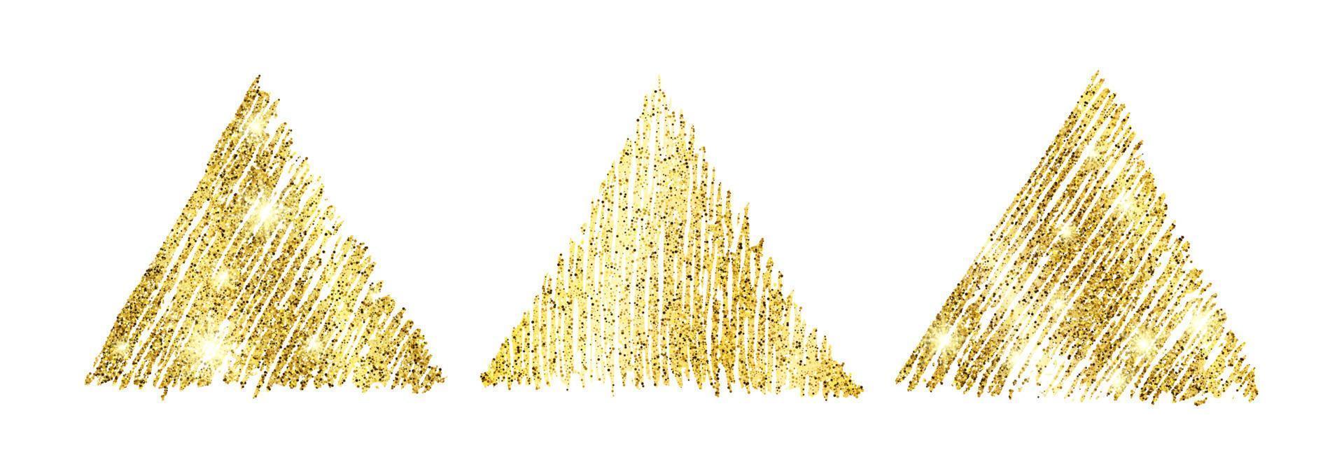 impostato di tre d'oro dipingere mano disegnato luccicante triangoli su un' bianca sfondo. sfondo con oro scintille e luccichio effetto. vuoto spazio per il tuo testo. vettore illustrazione