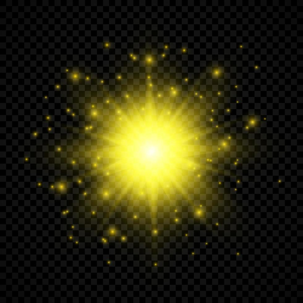 leggero effetto di lente razzi. giallo raggiante luci starburst effetti con scintille vettore