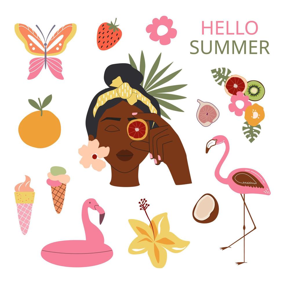 estate soleggiato fruttato clipart. nero giovane donna viso. la farfalla, frutta, tropicale esotico le foglie e fiori, fenicottero, gelato. tropicale caldo viaggio. vettore