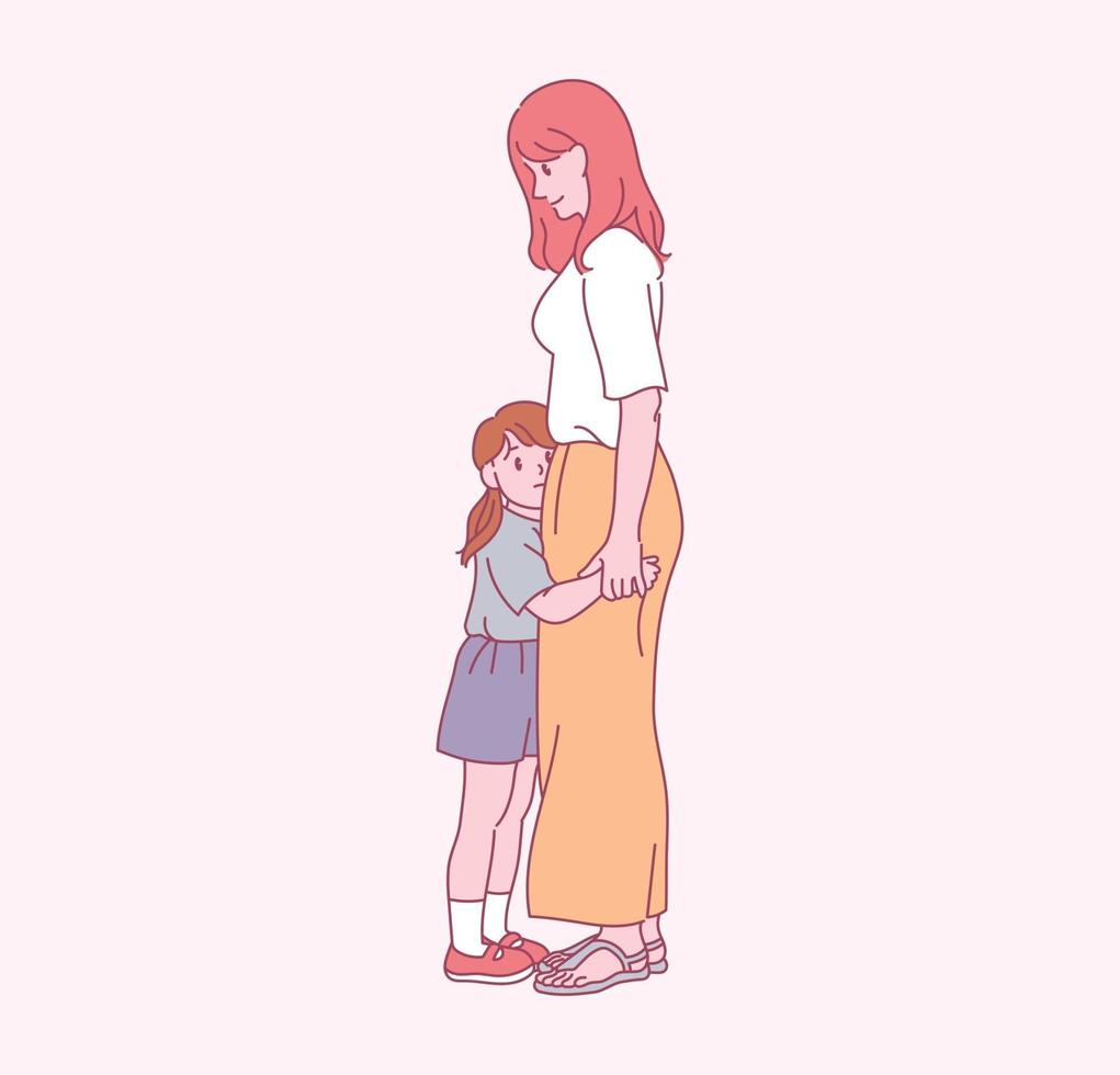 sua madre sta abbracciando la sua piccola figlia. illustrazioni di disegno vettoriale stile disegnato a mano.